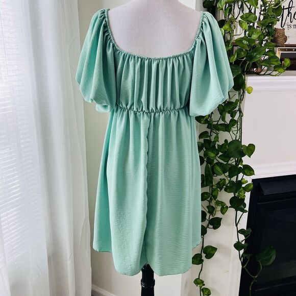 See You Monday Anthropologie Sea Foam Green Puffy Peasant Style Dress Size Large - Picture 5 of 7
